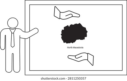 A simple line drawing shows a person presenting a map of North Macedonia on a whiteboard, with two open hands above and below the map.