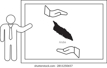 A simple line drawing shows a person in a suit pointing to a map on a whiteboard with two hands.