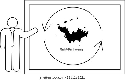 A simple line drawing shows a person in a suit pointing to a whiteboard displaying a map of Saint Barthelemy surrounded by circular arrows.