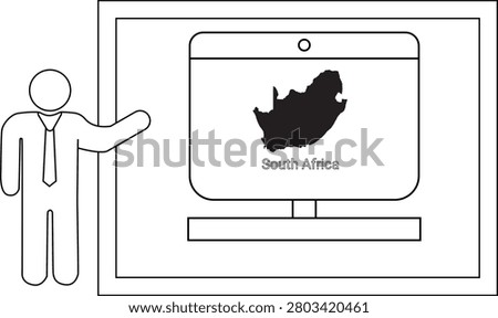 A simple line drawing shows a person in a suit pointing to a computer screen displaying a map of South Africa.