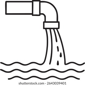 Um simples desenho de linha mostra um tubo descarregando líquido em água ondulada, isolado em um fundo branco.