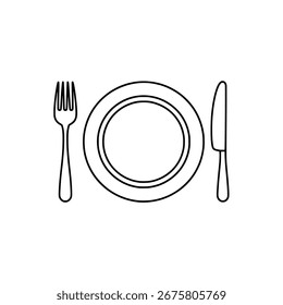 Un dibujo de línea simple muestra un ajuste de lugar con una placa, tenedor y cuchillo.