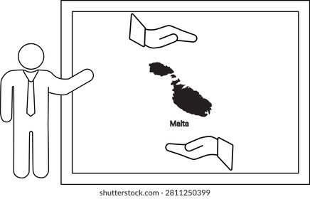 A simple line drawing shows a presenter pointing to a map of Malta on a whiteboard, with two hands above and below the island.