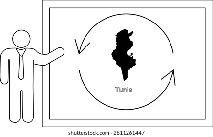 A simple line drawing shows a presenter pointing to a map of Tunisia surrounded by circular arrows, symbolizing a process or cycle.
