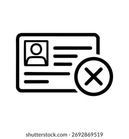 A simple line drawing shows a rectangular identification card with a small profile picture placeholder and lines representing text. A large circle with a cross inside is placed over the card, signifyi