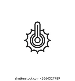 A simple line drawing shows a thermometer placed in the center of a stylized sun with radiating points. Represents hot or sunny weather with high temperatures.