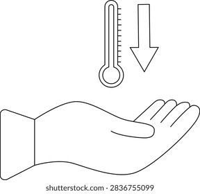 A simple line drawing shows a thermometer with a downward arrow pointing towards an open hand, symbolizing a drop in temperature or a cooling sensation.