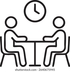 A simple line drawing shows two figures seated at a table with a clock above them, indicating a timed meeting.
