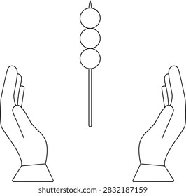A simple line drawing shows two open hands below a skewer with three round dumplings on it.