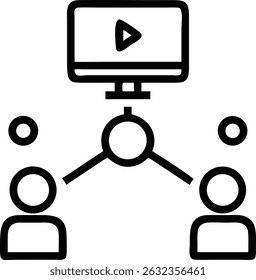 A simple line drawing shows a video call setup, featuring two people connected to a central screen, representing online communication and interaction.