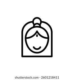 Simple line drawing shows a woman's face with a bindi and top bun hairstyle Great for beauty or cultural symbol use.