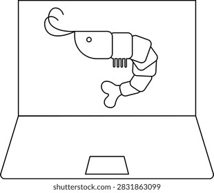 A simple line drawing of a shrimp appears on an open laptop screen.