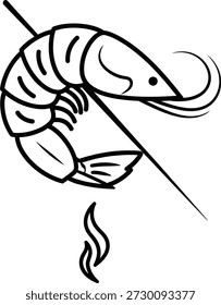 Un simple dibujo de línea de un camarón en un pincho con una llama debajo