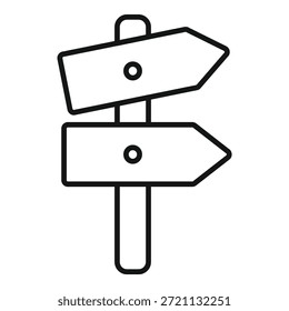 Dibujo de línea simple de un poste de señalización con dos flechas en blanco que apuntan en diferentes direcciones
