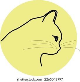 A simple line drawing. Silhouette of a cat's muzzle in a yellow circle. vector design eps 10