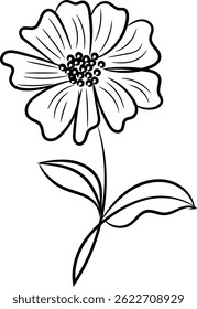 Simple line drawing of a single flower with leaves, perfect for minimalist designs, coloring pages, or botanical illustrations.