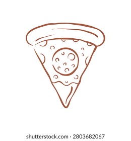 A simple line drawing of a single triangular slice of pepperoni pizza with a thick, chewy crust. A classic and universally loved fast food hand drawn vector illustration, perfect for pizzerias