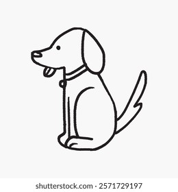 Simple line drawing of a sitting dog with a collar. The dog is facing left, with a wagging tail. Minimalist style, black lines on white. Simple black line art doodle vector.