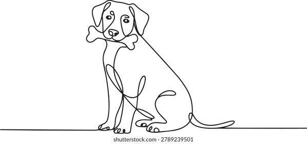 A simple line drawing of a sitting dog holding a bone in its mouth, depicted in a single continuous line, with a minimalist style and a white background