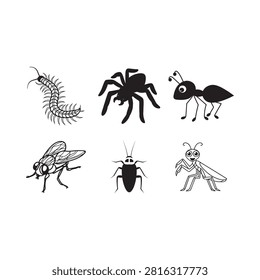 Simple line drawing of six different insects including larva, spider, ant, fly, beetle, and grasshopper in black and white vector style