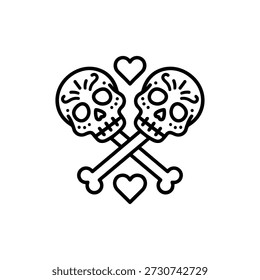 Simple Line Drawing Skull and Crossbones with Hearts Illustration Design