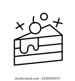 A simple line drawing of a slice of cake with a cherry on top and decorative elements.