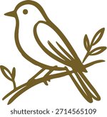 Simple line drawing of a small bird standing on a branch with leaves facing right.