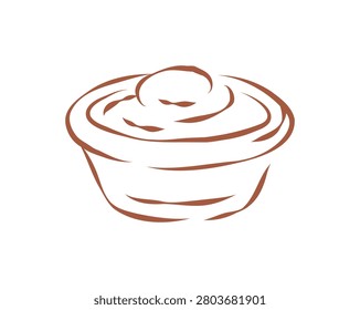 A simple line drawing of a small bowl filled with a creamy cheese or garlic dipping sauce. A savory and delicious hand drawn vector illustration for appetizers, side dishes, and snack platters