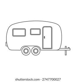 Simple line drawing of a small camper trailer with wheels and hitch