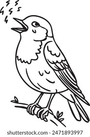 A simple line drawing of a small cartoon bird perched on a branch. The bird has a large beak and appears to be singing