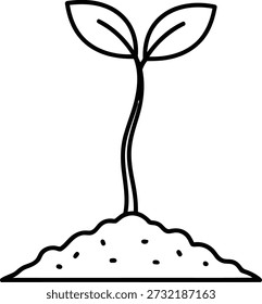 A simple line drawing of a small plant with two leaves growing out of a mound of soil, symbolizing growth and new beginnings.