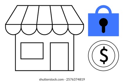 Simple line drawing of a small store with a blue lock and a dollar sign. Ideal for themes of online business, e-commerce, financial security, small business ownership, and digital transactions