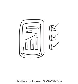 Un simple dibujo de línea de un teléfono inteligente que muestra un gráfico de barras junto con una lista de verificación, que simboliza el análisis de datos y la gestión de tareas.