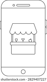 A simple line drawing of a smartphone screen displaying an icon of a bar stall with drinks and an apple.