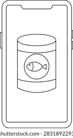 A simple line drawing of a smartphone screen showing a can of pet food with a fish icon.