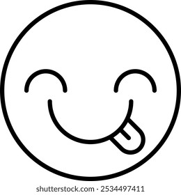 Simple line drawing of a smiling face with closed eyes and a tongue sticking out, representing happiness and playfulness.