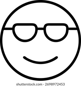 Um simples desenho em linha de um rosto sorridente com óculos escuros. Esta imagem representa confiança, estilo e a alegria da vida. Isolado no fundo branco para maior clareza.