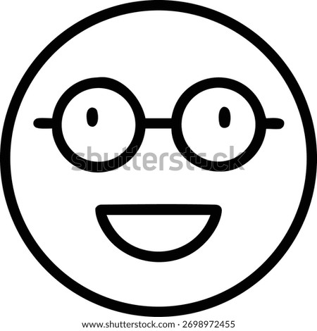 A simple line drawing of a smiling face with glasses. This image represents intelligence, positivity, and the joy of learning. Isolated on white background.