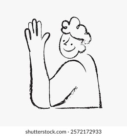 Simple line drawing of a smiling person waving. Minimalist sketch with a friendly expression. Black and white illustration of a waving figure. Simple black line art doodle vector.