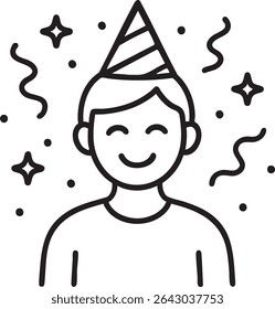 A simple line drawing of a smiling person with a party hat, stars, and confetti, conveying celebration.