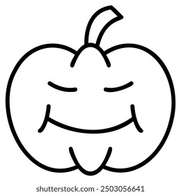 A simple line drawing of a smiling pumpkin with its eyes closed.