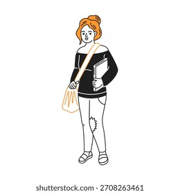 Dibujo de línea simple de una mujer joven sonriente que sostiene un libro y viste ropa casual, que simboliza la educación o un estilo de vida estudiantil.