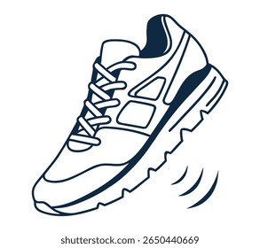 Um simples desenho de linha de um tênis. O sapato é angulado com linhas de movimento sugerindo saltos ou movimento.