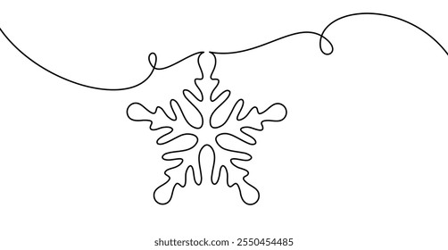 Dibujo de línea simple de un copo de nieve con Formas orgánicas y fluidas que cuelgan de una cuerda rizada. Ideal para diseños de invierno y vacaciones con una estética natural y minimalista.