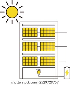 Desenho de linha simples, painel solar, sistema de energia solar, ilustração, vetor, energia renovável, ecológico, 