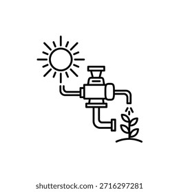 Desenho de linha simples de um sistema de irrigação alimentado por energia solar irrigando uma planta