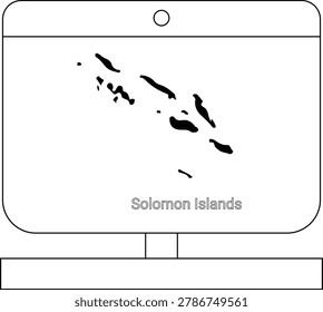 A simple line drawing of the Solomon Islands archipelago shown on a monitor screen with the text Solomon Islands below.