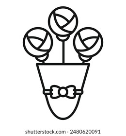 Simple line drawing of someone giving a bouquet of heart balloons as a romantic gesture