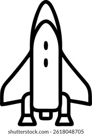 a simple line drawing of a space shuttle ready for flight, with wings and three engines below