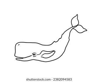 Simple line drawing of a sperm whale with open mouth and tail raised to the top. Black outline of sea giant isolated on white background. Vector illustration drawn by hand.